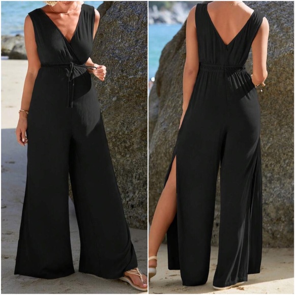 Maternity Surplice Sleeveless Wide Leg Jumpsuit - Picture 3 of 5